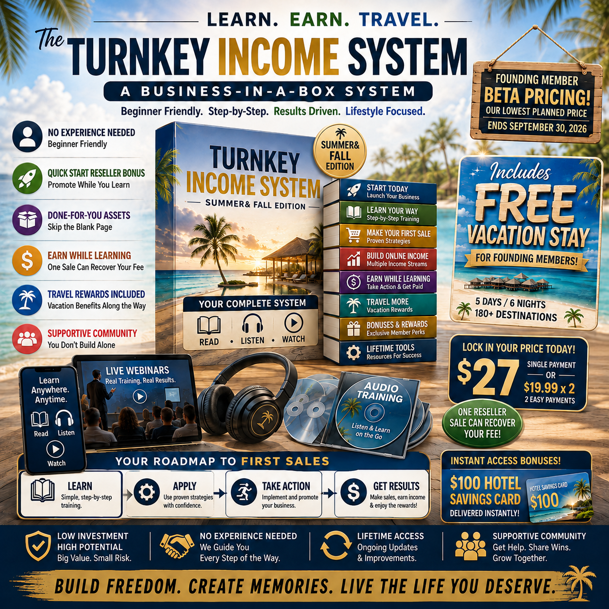 Turnkey Income System package with webinar, tools, quick start guide, bonuses, and free vacation incentive